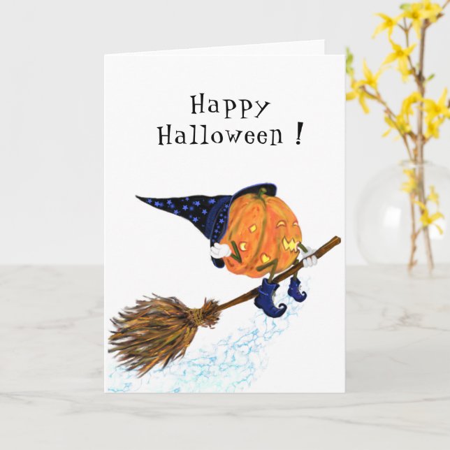 Sorcière Citrouille volant drôle Carte d'Halloween (Fleur jaune)