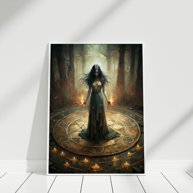 Sorcière de lune foncée - Poster du mur du cercle  (Dark Moon Witch – Ritual Circle Wall Poster in a white frame)