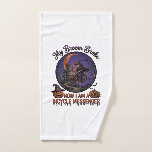 Sorcière de messager de vélo cassé balai Halloween (Serviette à main)