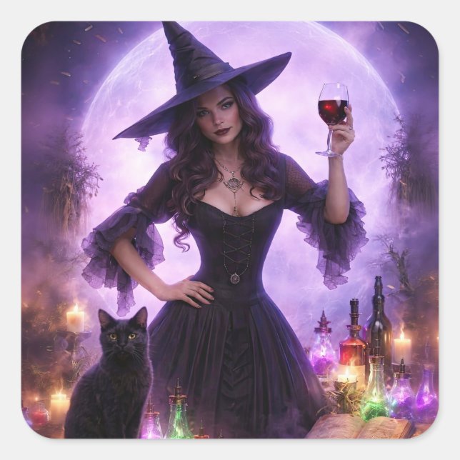 Sorcière d'Halloween et vin Autocollant mignon (Devant)