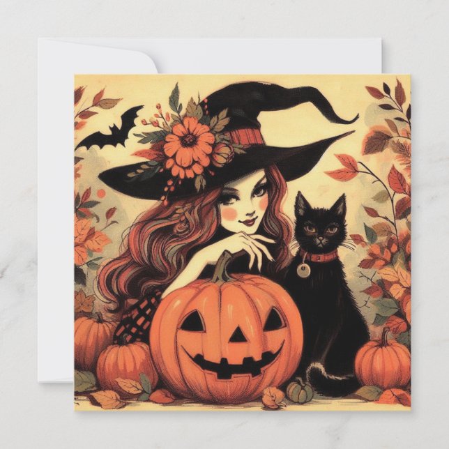Sorcière d'Halloween rétro avec carte de voeux pla (Devant)