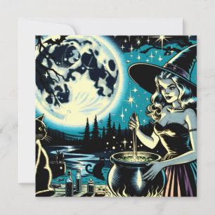 Sorcière d'Halloween vintage remuant un Cauldron