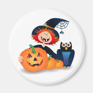 Sorcière drôle avec hibou et citrouilles, aimant