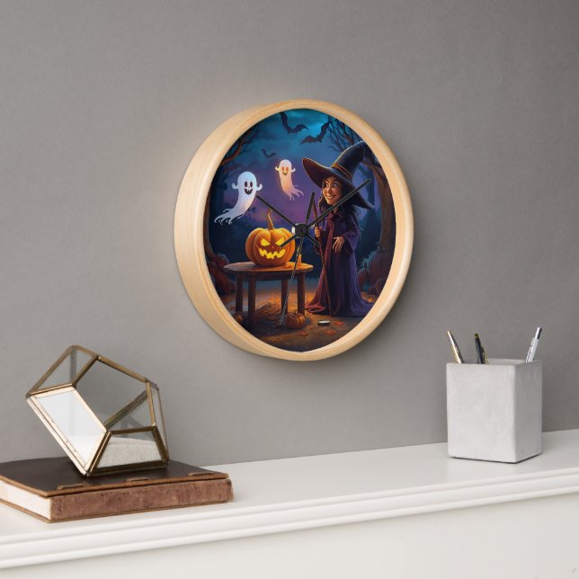 Sorcière effrayante et horloge citrouille fantôme (Bureau)