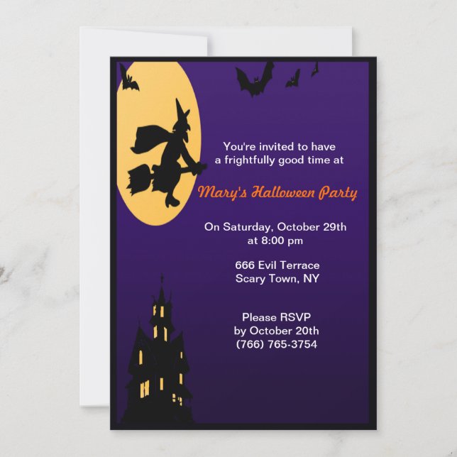 Sorcière en vol Invitations de la fête d'Halloween (Devant)
