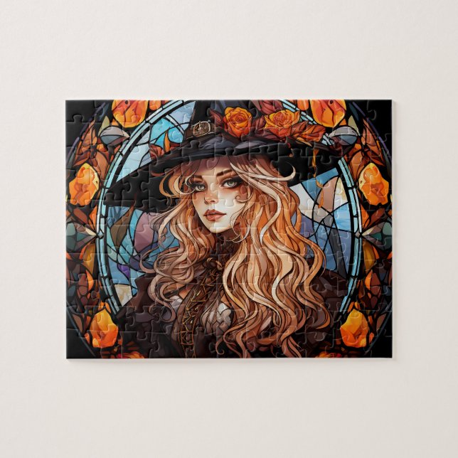 Sorcière gothique Vitrail Halloween Jigsaw puzzle (Horizontal)