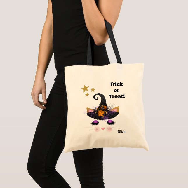 Sorcière Kitty Visage Halloween Trick ou Sac fourr (Devant (produit))