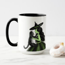 Sorcière verte avec chat noir illustration Mug