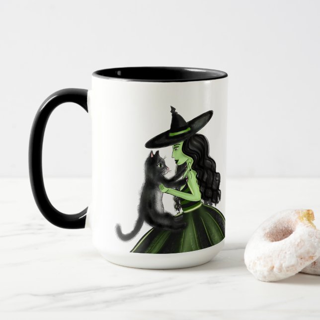 Sorcière verte avec chat noir illustration Mug (Avec donut)