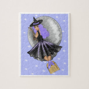 Sorcière Violette Volant Sur Un Puzzle À Broomstic