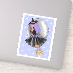 Sorcière Violette Volant Sur Un Sticker Broomstick