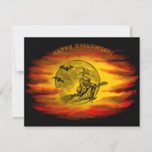 Sorcière volante avec chat noir, nuit halloween