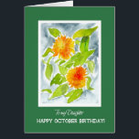 Soucis oranges pour l'anniversaire d'octobre de<br><div class="desc">Une jolie carte d'anniversaire d'octobre pour une fille,  avec le naissance-mois d'octobre fleurit,  les soucis de pot oranges lumineux,  bordures par une frontière vert-foncé avec le lettrage blanc. La conception est d'une peinture pour aquarelle par Judy Adamson. Sentez-vous svp libre pour personnaliser le message intérieur.</div>