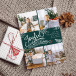 Souhait joyeux | Carte de collage photo de Noël<br><div class="desc">Belle typographie à base de carte photo de vacances dispose de quatre de vos photos de famille de carrés préférées dans une mise en page collage. Les "Voeux Joyeux" apparaissent dans le centre en typographie à la main blanche sur un arrière - plan vert chasseur accentué de feuilles esquissés blanc...</div>
