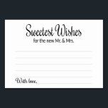 Souhaits les plus doux pour la nouvelle carte de c<br><div class="desc">Une partie de la collection Sweetest Wives. Ces charmantes cartes de conseil et de voeux seront l'ajout parfait à votre réception de mariage. Il comporte le texte "Sweetest Wives for the new Mr and Mrs" dans une police tourbillon et bloc. La carte dispose d'un espace permettant aux clients de laisser...</div>
