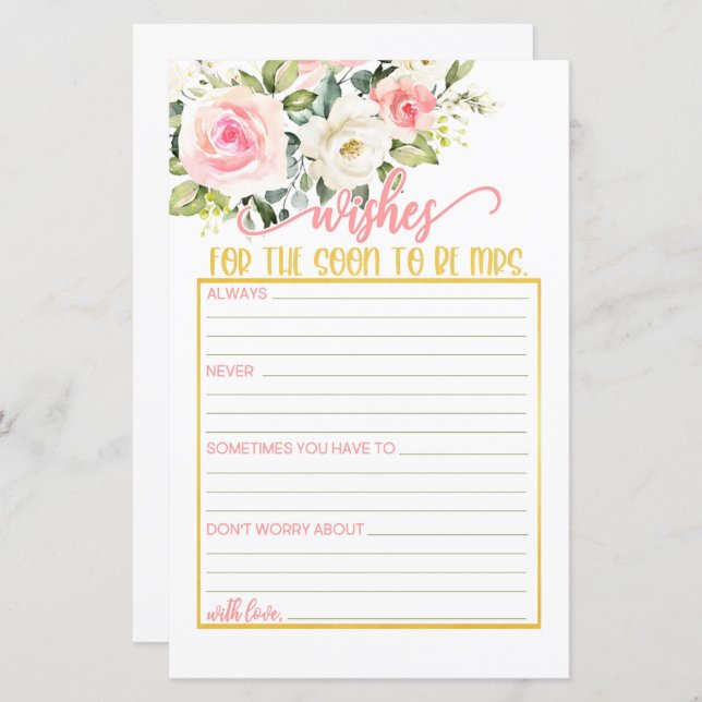 Souhaits pour le Bientôt être Mme - Rose Floral &  (Devant / Derrière)