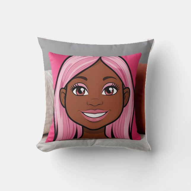 Sourire Coussin de fille aux cheveux roses 3D (Recto)