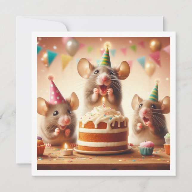 Souris avec casquettes de fête, invitation d'anniv (Devant)