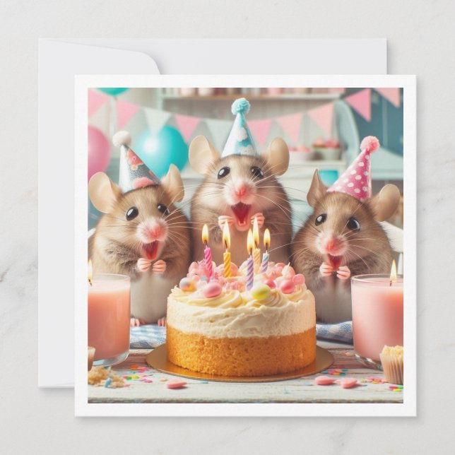 Souris avec casquettes de fête, invitation d'anniv (Devant)