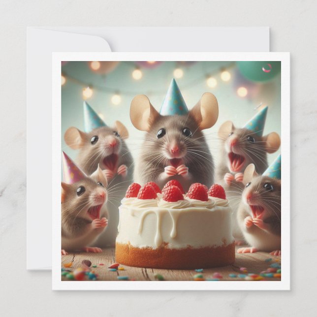 Souris avec casquettes de fête, invitation d'anniv (Devant)