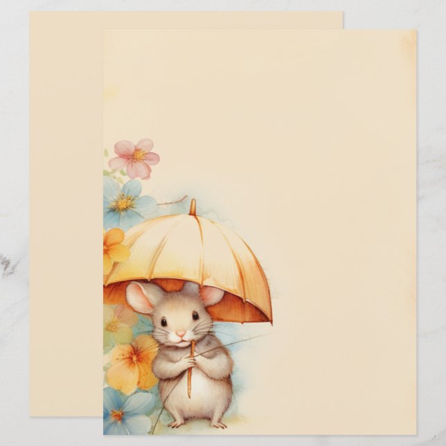 Souris avec parapluie jaune fleur bleue orange ros (Devant / Derrière)