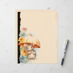 Souris avec parapluie jaune fleur bleue orange ros