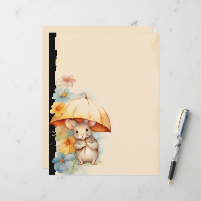 Souris avec parapluie jaune fleur bleue orange ros (Devant/Arrière en situation)