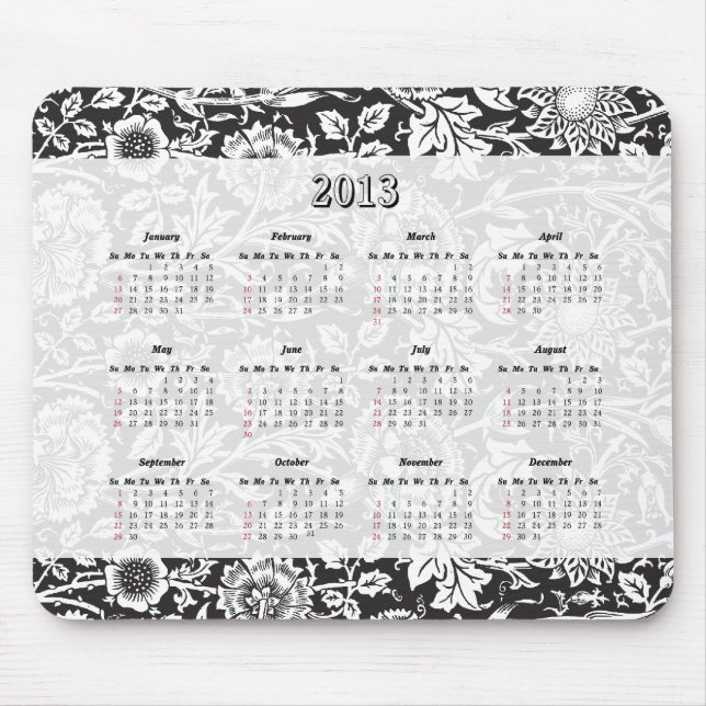 Souris Calendrier floral noir 2013 et blanc de tapis de (Devant)