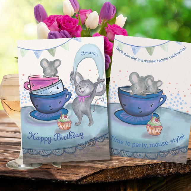 Souris drôles dans une tasse à thé - Carte de gâte (Funny Mice in Teacup - Birthday Mice Cupcake Card)