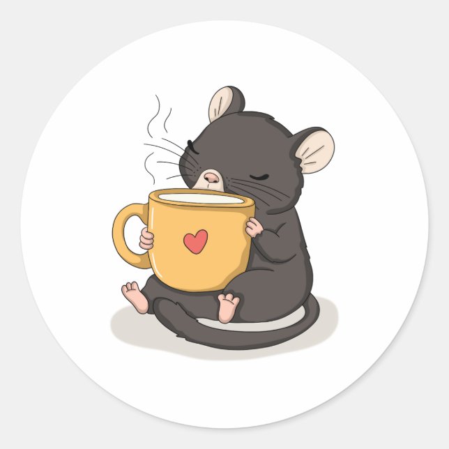 Souris Mignonne avec une Tasse de Café Autocollant (Devant)