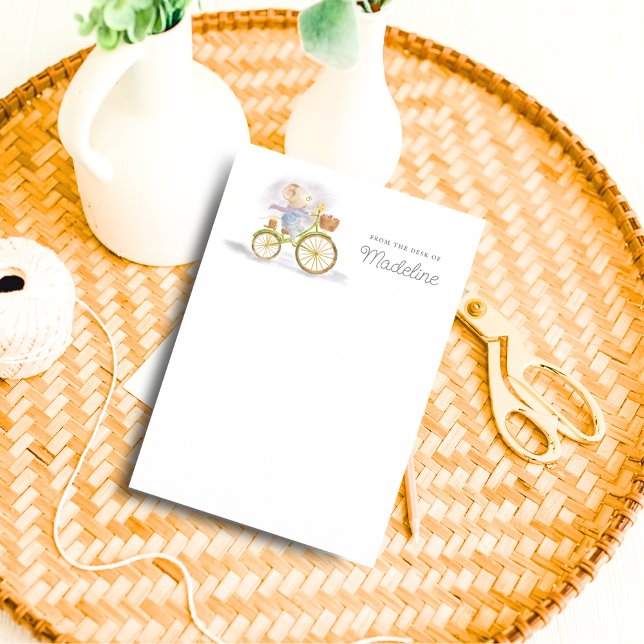Souris mignonne du bureau de papeterie personnalis (Front - Simple Chic Cute Mouse on Vintage Bicycle From the Desk of Personalized Stationery Paper)