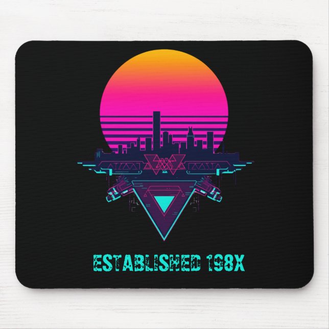 Souris Tapis de bureau néon de ville synthwave rétro 80s (Devant)