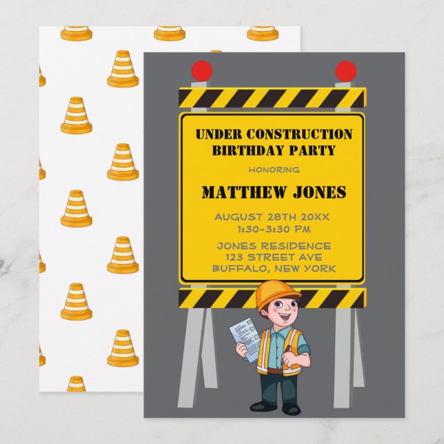 Sous Construction Builder fête d'anniversaire (Devant / Derrière)