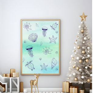 Sous la mer Bleu mer tortue poster