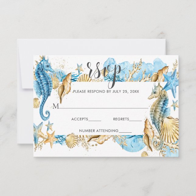 Sous la mer bleu or blanc mariage d'été RSVP (Devant)