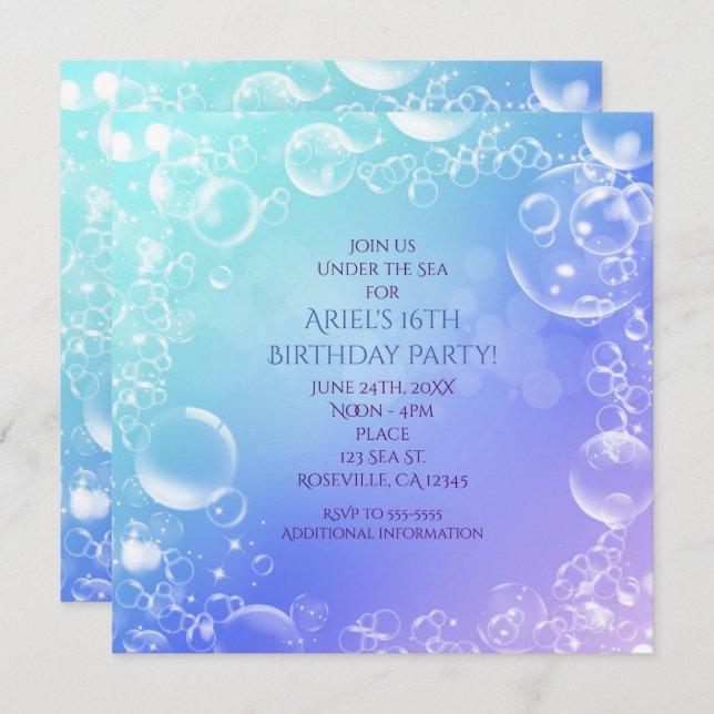 Sous la mer Enchantée Bubbles Party Invitations (Devant / Derrière)