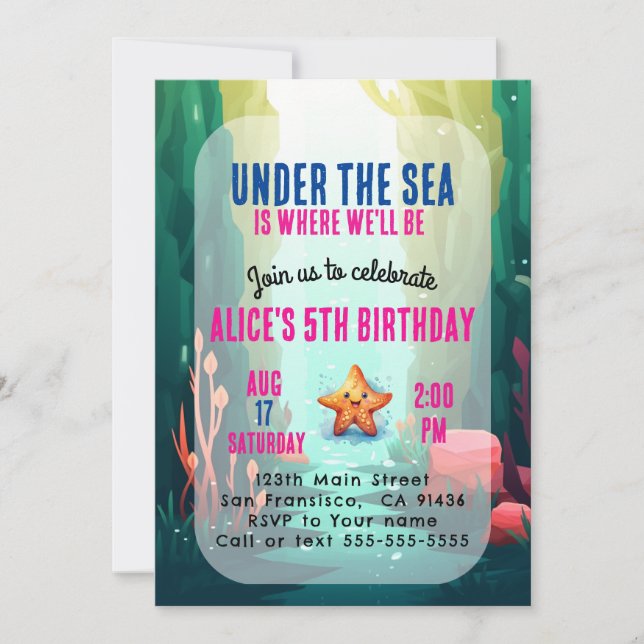 Sous la mer Girl Anniversaire Invitation rose (Devant)
