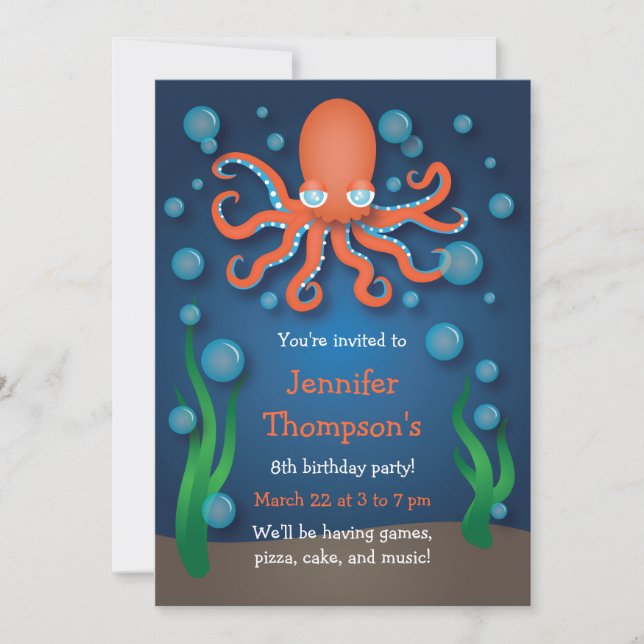 Sous la mer Orange Octopus Invitations d'anniversa (Devant)