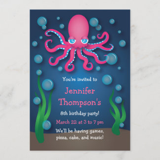Sous la mer Pink Octopus Invitations d'anniversair