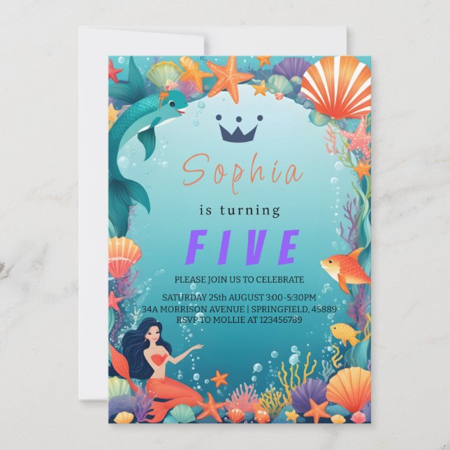 Sous la mer Sirène Anniversaire Invitation pour fi (Devant)