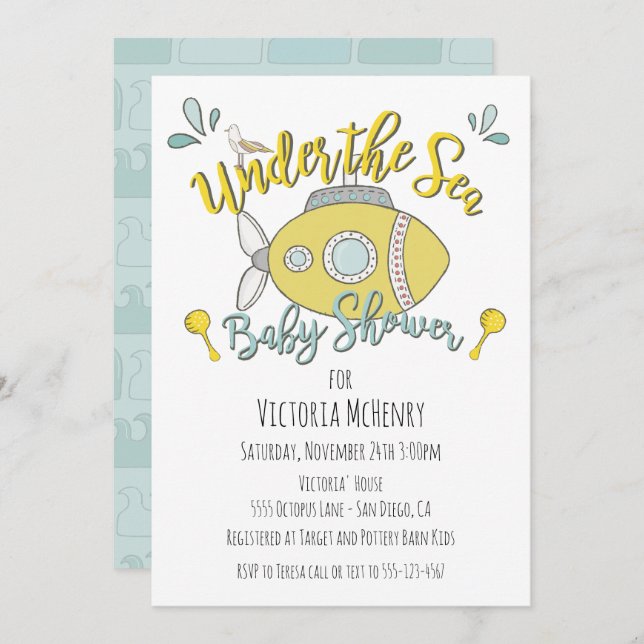 Sous la mer Sous-marin Baby Shower Invitations (Devant / Derrière)