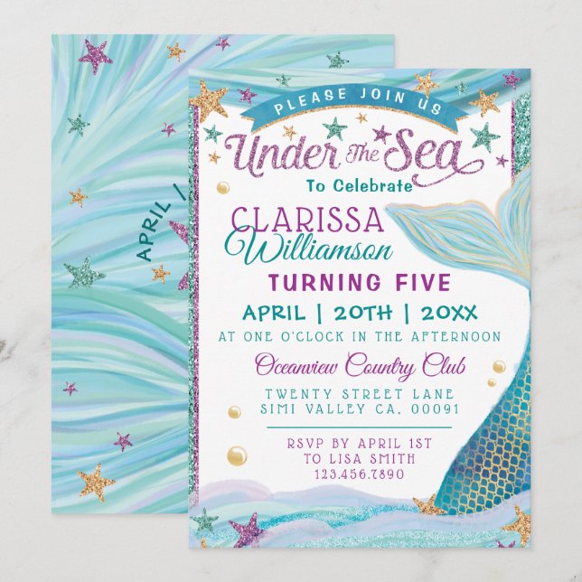 Sous La Sirène De Mer Invitation Anniversaire (Devant / Derrière)