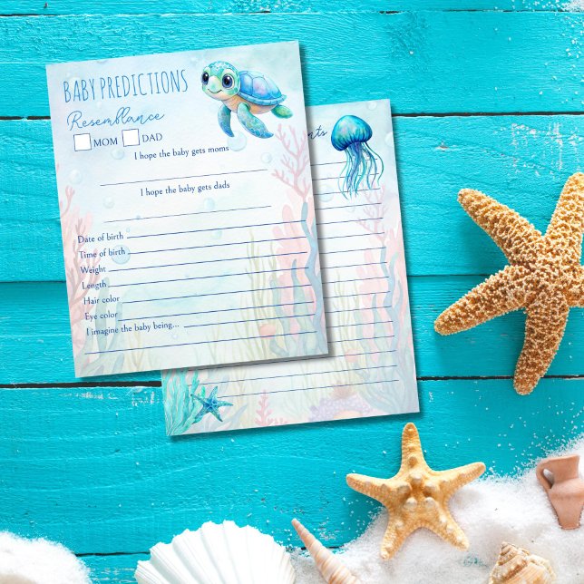 Sous la tortue de mer bleu bébé conseils de prédic (Under the sea turtle aqua blue baby predictions and advice for new parents baby shower game cards)