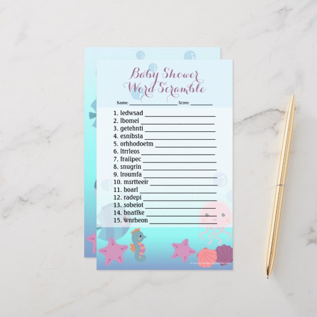 Sous le Baby shower Sea Girl Word Scramble Jeu (Devant/Arrière en situation)
