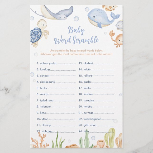 Sous les animaux de mer Baby shower Word Scramble (Devant)