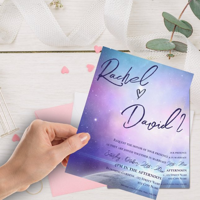 Sous les étoiles violet rose Mariage de la typogra (Under the Stars Purple Pink Typography Wedding Invitation)