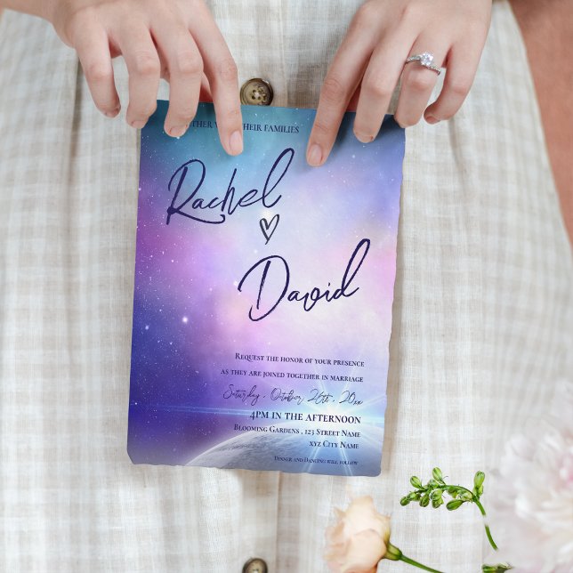 Sous les étoiles violet rose Mariage de la typogra (Under the Stars Purple Pink Typography Wedding Invitation)