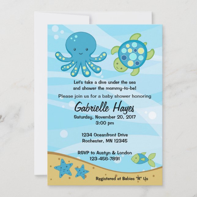 Sous les invitations bleues de baby shower de mer (Devant)