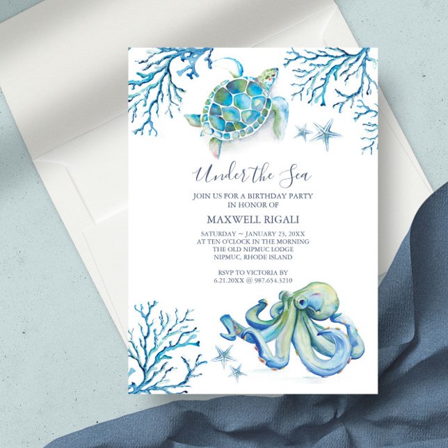 Sous Les Invitations D'Anniversaire De La Mer En L (Baby shower invitations under the sea watercolor art by Victoria Grigaliunas)