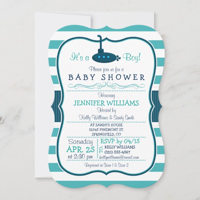 Sous-marin nautique; Invitation Baby shower garçon (Devant)